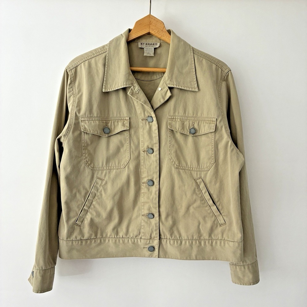 NY Khakis New York & Co 100% Cotton Khaki Trucker Jacket Boxy Size L VTG 90s